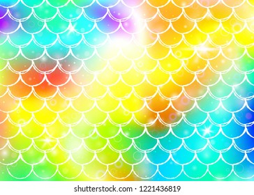 Princess mermaid background with kawaii rainbow scales pattern. Fish tail banner with magic sparkles and stars. Sea fantasy invitation for girlie party. Plastic princess mermaid backdrop.