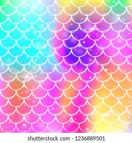 Princess mermaid background with kawaii rainbow scales pattern. Fish tail banner with magic sparkles and stars. Sea fantasy invitation for girlie party. Plastic princess mermaid backdrop.