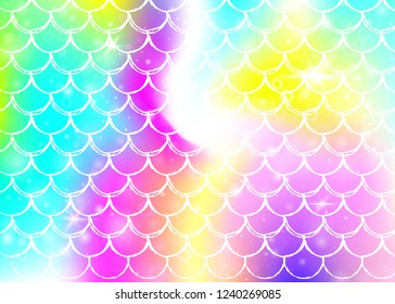 Princess mermaid background with kawaii rainbow scales pattern. Fish tail banner with magic sparkles and stars. Sea fantasy invitation for girlie party. Retro princess mermaid backdrop.