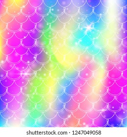Princess mermaid background with kawaii rainbow scales pattern. Fish tail banner with magic sparkles and stars. Sea fantasy invitation for girlie party. Hologram princess mermaid backdrop.