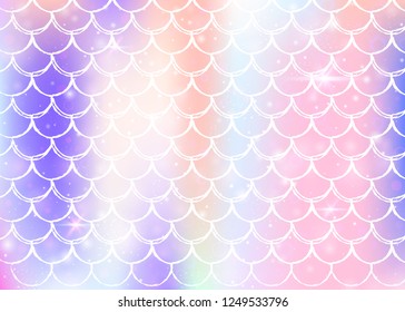 Princess mermaid background with kawaii rainbow scales pattern. Fish tail banner with magic sparkles and stars. Sea fantasy invitation for girlie party. Iridescent princess mermaid backdrop.
