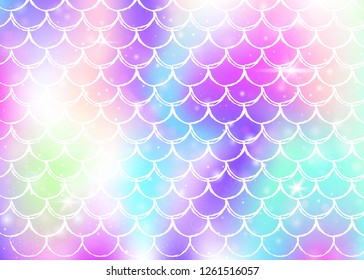 Princess mermaid background with kawaii rainbow scales pattern. Fish tail banner with magic sparkles and stars. Sea fantasy invitation for girlie party. Plastic princess mermaid backdrop.