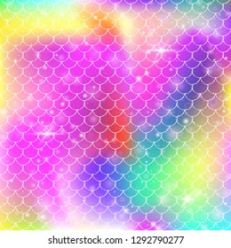 Princess mermaid background with kawaii rainbow scales pattern. Fish tail banner with magic sparkles and stars. Sea fantasy invitation for girlie party. Iridescent princess mermaid backdrop.