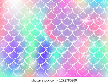 Princess mermaid background with kawaii rainbow scales pattern. Fish tail banner with magic sparkles and stars. Sea fantasy invitation for girlie party. Bright princess mermaid backdrop.