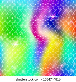 Princess mermaid background with kawaii rainbow scales pattern. Fish tail banner with magic sparkles and stars. Sea fantasy invitation for girlie party. Creative princess mermaid backdrop.