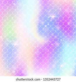 Princess mermaid background with kawaii rainbow scales pattern. Fish tail banner with magic sparkles and stars. Sea fantasy invitation for girlie party. Trendy princess mermaid backdrop.