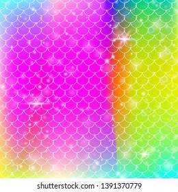 Princess mermaid background with kawaii rainbow scales pattern. Fish tail banner with magic sparkles and stars. Sea fantasy invitation for girlie party. Bright princess mermaid backdrop.