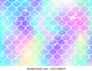 Princess mermaid background with kawaii rainbow scales pattern. Fish tail banner with magic sparkles and stars. Sea fantasy invitation for girlie party. Futuristic princess mermaid backdrop.