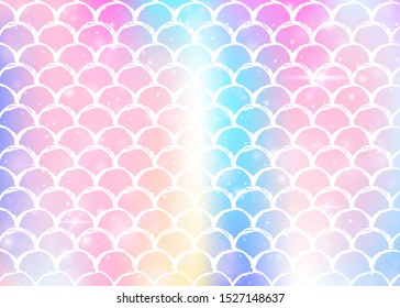 Princess mermaid background with kawaii rainbow scales pattern. Fish tail banner with magic sparkles and stars. Sea fantasy invitation for girlie party. Hipster princess mermaid backdrop.