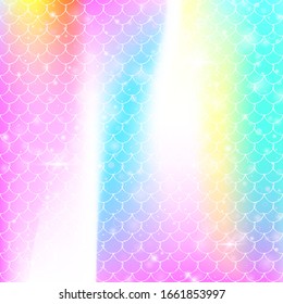 Princess mermaid background with kawaii rainbow scales pattern. Fish tail banner with magic sparkles and stars. Sea fantasy invitation for girlie party. Rainbow princess mermaid backdrop.