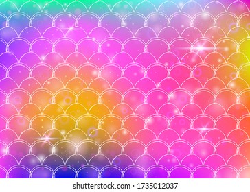 Princess mermaid background with kawaii rainbow scales pattern. Fish tail banner with magic sparkles and stars. Sea fantasy invitation for girlie party. Stylish princess mermaid backdrop.