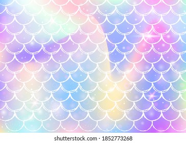 Princess mermaid background with kawaii rainbow scales pattern. Fish tail banner with magic sparkles and stars. Sea fantasy invitation for girlie party. Bright princess mermaid backdrop.