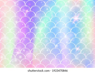 Princess mermaid background with kawaii rainbow scales pattern. Fish tail banner with magic sparkles and stars. Sea fantasy invitation for girlie party. Retro princess mermaid backdrop.