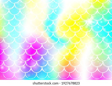 Princess mermaid background with kawaii rainbow scales pattern. Fish tail banner with magic sparkles and stars. Sea fantasy invitation for girlie party. Fluorescent princess mermaid backdrop.