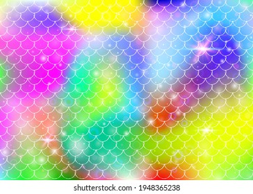 Princess mermaid background with kawaii rainbow scales pattern. Fish tail banner with magic sparkles and stars. Sea fantasy invitation for girlie party. Pearlescent princess mermaid backdrop.