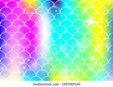 Princess mermaid background with kawaii rainbow scales pattern. Fish tail banner with magic sparkles and stars. Sea fantasy invitation for girlie party. Creative princess mermaid backdrop.