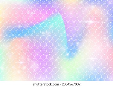 Princess mermaid background with kawaii rainbow scales pattern. Fish tail banner with magic sparkles and stars. Sea fantasy invitation for girlie party. Trendy princess mermaid backdrop.