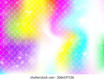 Princess mermaid background with kawaii rainbow scales pattern. Fish tail banner with magic sparkles and stars. Sea fantasy invitation for girlie party. Plastic princess mermaid backdrop.