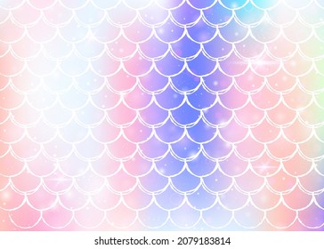 Princess mermaid background with kawaii rainbow scales pattern. Fish tail banner with magic sparkles and stars. Sea fantasy invitation for girlie party. Stylish princess mermaid backdrop.