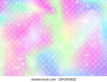 Princess mermaid background with kawaii rainbow scales pattern. Fish tail banner with magic sparkles and stars. Sea fantasy invitation for girlie party. Pearlescent princess mermaid backdrop.