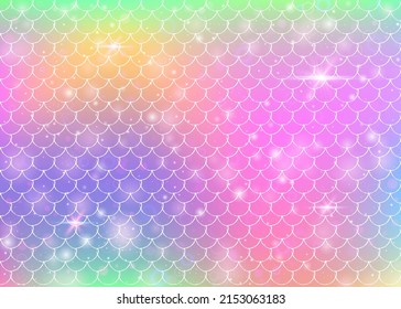 Princess mermaid background with kawaii rainbow scales pattern. Fish tail banner with magic sparkles and stars. Sea fantasy invitation for girlie party. Retro princess mermaid backdrop.