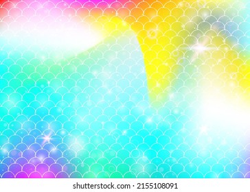 Princess mermaid background with kawaii rainbow scales pattern. Fish tail banner with magic sparkles and stars. Sea fantasy invitation for girlie party. Pearlescent princess mermaid backdrop.