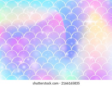 Princess mermaid background with kawaii rainbow scales pattern. Fish tail banner with magic sparkles and stars. Sea fantasy invitation for girlie party. Fluorescent princess mermaid backdrop.