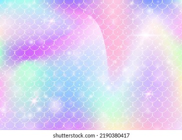 Princess mermaid background with kawaii rainbow scales pattern. Fish tail banner with magic sparkles and stars. Sea fantasy invitation for girlie party. Multicolor princess mermaid backdrop.