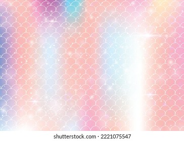 Princess mermaid background with kawaii rainbow scales pattern. Fish tail banner with magic sparkles and stars. Sea fantasy invitation for girlie party. Iridescent princess mermaid backdrop.