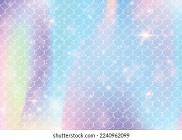 Princess mermaid background with kawaii rainbow scales pattern. Fish tail banner with magic sparkles and stars. Sea fantasy invitation for girlie party. Futuristic princess mermaid backdrop.