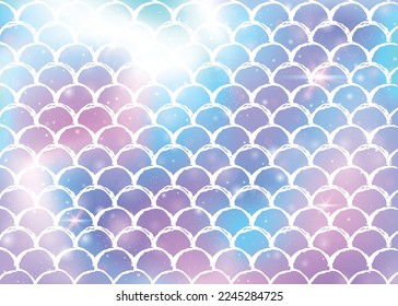 Princess mermaid background with kawaii rainbow scales pattern. Fish tail banner with magic sparkles and stars. Sea fantasy invitation for girlie party. Iridescent princess mermaid backdrop.