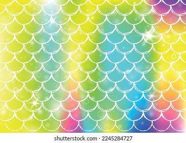 Princess mermaid background with kawaii rainbow scales pattern. Fish tail banner with magic sparkles and stars. Sea fantasy invitation for girlie party. Colorful princess mermaid backdrop.