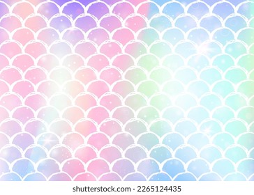 Princess mermaid background with kawaii rainbow scales pattern. Fish tail banner with magic sparkles and stars. Sea fantasy invitation for girlie party. Bright princess mermaid backdrop.