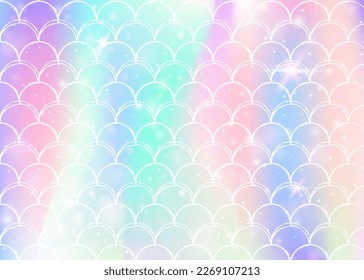 Princess mermaid background with kawaii rainbow scales pattern. Fish tail banner with magic sparkles and stars. Sea fantasy invitation for girlie party. Stylish princess mermaid backdrop.