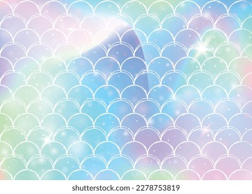 Princess mermaid background with kawaii rainbow scales pattern. Fish tail banner with magic sparkles and stars. Sea fantasy invitation for girlie party. Hipster princess mermaid backdrop.