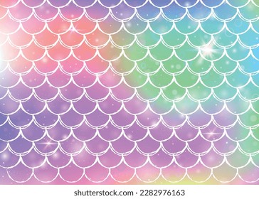 Princess mermaid background with kawaii rainbow scales pattern. Fish tail banner with magic sparkles and stars. Sea fantasy invitation for girlie party. Rainbow princess mermaid backdrop.