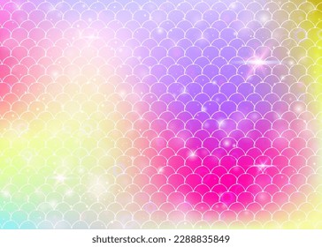 Princess mermaid background with kawaii rainbow scales pattern. Fish tail banner with magic sparkles and stars. Sea fantasy invitation for girlie party. Hipster princess mermaid backdrop.