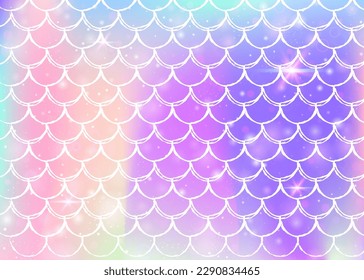 Princess mermaid background with kawaii rainbow scales pattern. Fish tail banner with magic sparkles and stars. Sea fantasy invitation for girlie party. Spectrum princess mermaid backdrop.