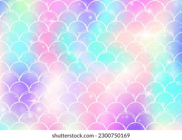 Princess mermaid background with kawaii rainbow scales pattern. Fish tail banner with magic sparkles and stars. Sea fantasy invitation for girlie party. Trendy princess mermaid backdrop.