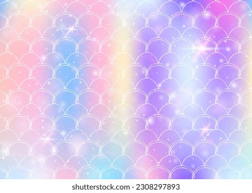 Princess mermaid background with kawaii rainbow scales pattern. Fish tail banner with magic sparkles and stars. Sea fantasy invitation for girlie party. Retro princess mermaid backdrop.