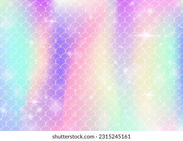 Princess mermaid background with kawaii rainbow scales pattern. Fish tail banner with magic sparkles and stars. Sea fantasy invitation for girlie party. Bright princess mermaid backdrop.