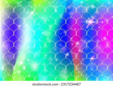 Princess mermaid background with kawaii rainbow scales pattern. Fish tail banner with magic sparkles and stars. Sea fantasy invitation for girlie party. Iridescent princess mermaid backdrop.