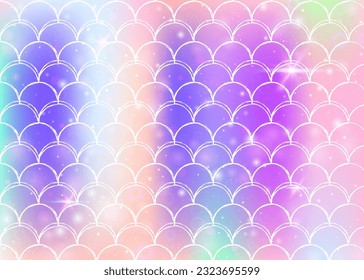 Princess mermaid background with kawaii rainbow scales pattern. Fish tail banner with magic sparkles and stars. Sea fantasy invitation for girlie party. Stylish princess mermaid backdrop.