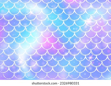 Princess mermaid background with kawaii rainbow scales pattern. Fish tail banner with magic sparkles and stars. Sea fantasy invitation for girlie party. Hipster princess mermaid backdrop.