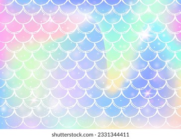 Princess mermaid background with kawaii rainbow scales pattern. Fish tail banner with magic sparkles and stars. Sea fantasy invitation for girlie party. Plastic princess mermaid backdrop.