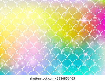 Princess mermaid background with kawaii rainbow scales pattern. Fish tail banner with magic sparkles and stars. Sea fantasy invitation for girlie party. Iridescent princess mermaid backdrop.