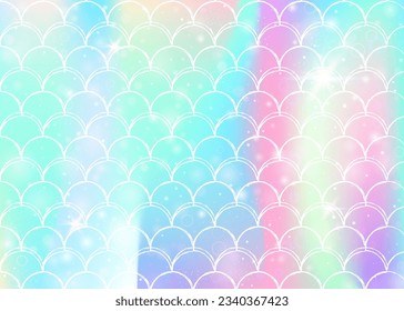 Princess mermaid background with kawaii rainbow scales pattern. Fish tail banner with magic sparkles and stars. Sea fantasy invitation for girlie party. Neon princess mermaid backdrop.
