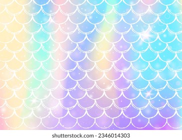 Princess mermaid background with kawaii rainbow scales pattern. Fish tail banner with magic sparkles and stars. Sea fantasy invitation for girlie party. Futuristic princess mermaid backdrop.