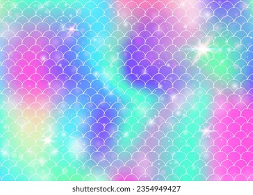 Princess mermaid background with kawaii rainbow scales pattern. Fish tail banner with magic sparkles and stars. Sea fantasy invitation for girlie party. Stylish princess mermaid backdrop.