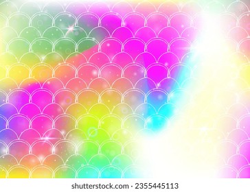 Princess mermaid background with kawaii rainbow scales pattern. Fish tail banner with magic sparkles and stars. Sea fantasy invitation for girlie party. Multicolor princess mermaid backdrop.